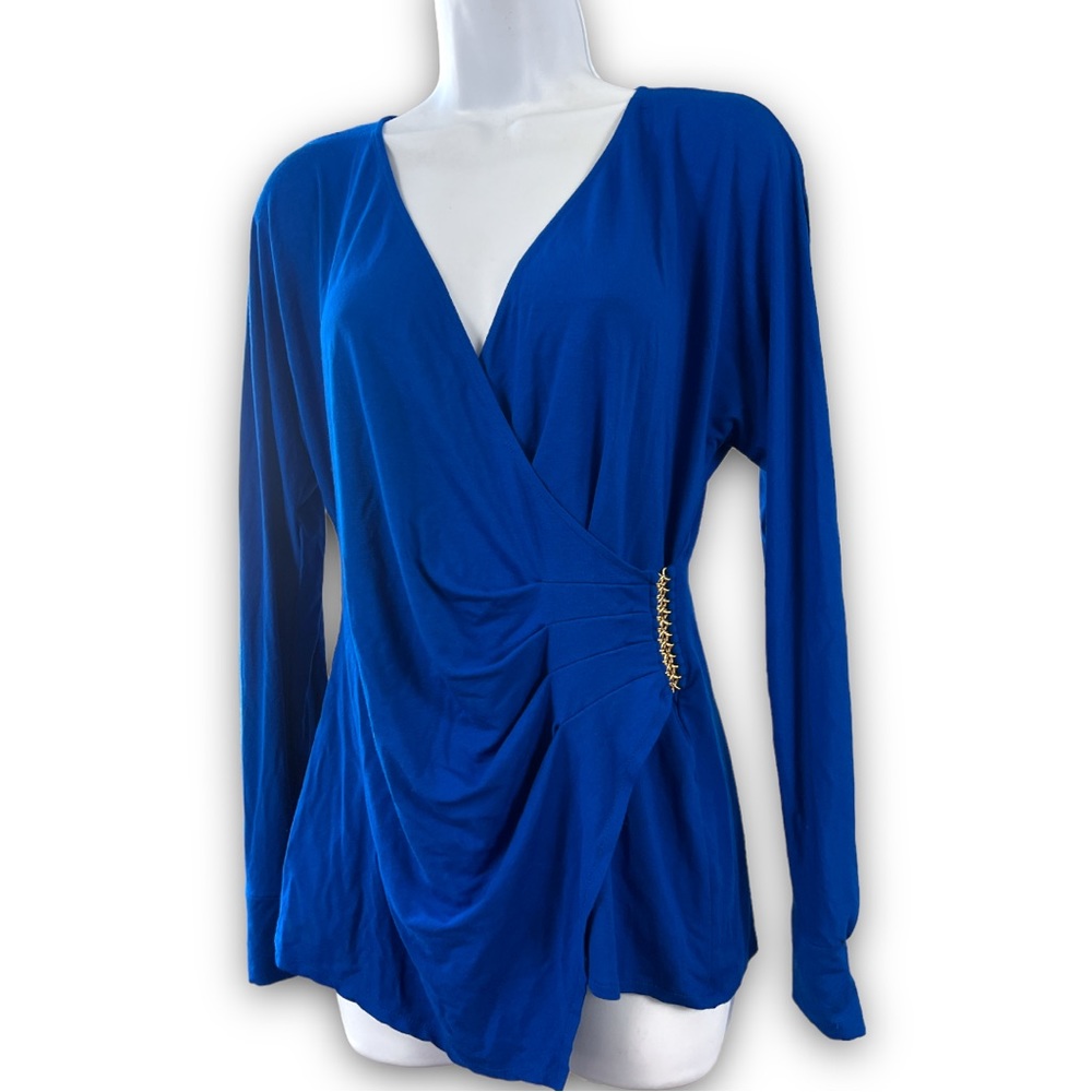 Cache Royal Blue Draped Surplice Long Sleeve Top